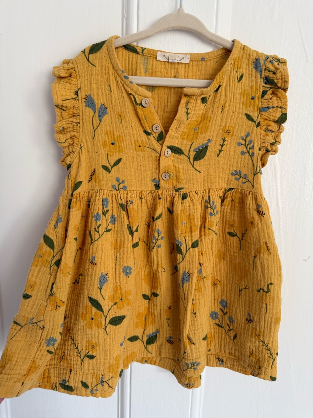 Girls' Mustard Muslin Floral Ruffle-Sleeve Casual Dress